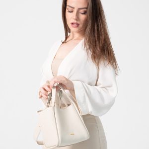 Full Grain Textured Genuine Leather Top-Handle Bucket Bag- Ivory Elegance by MORA Collection